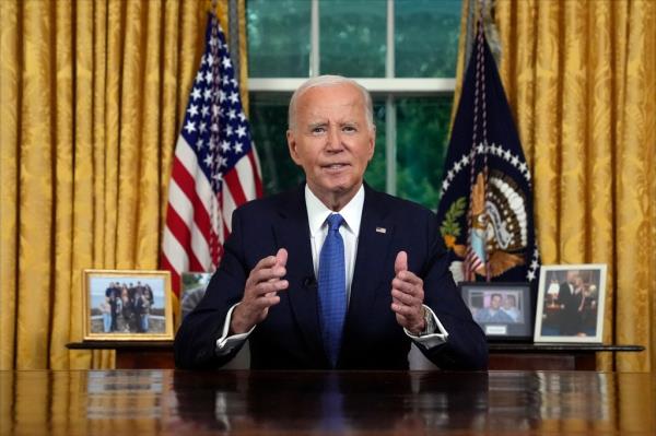 Biden speaks during an address to the nation about his decision to not seek reelection, in the Oval Office at the White House in Washington, DC, on July 24, 2024.
